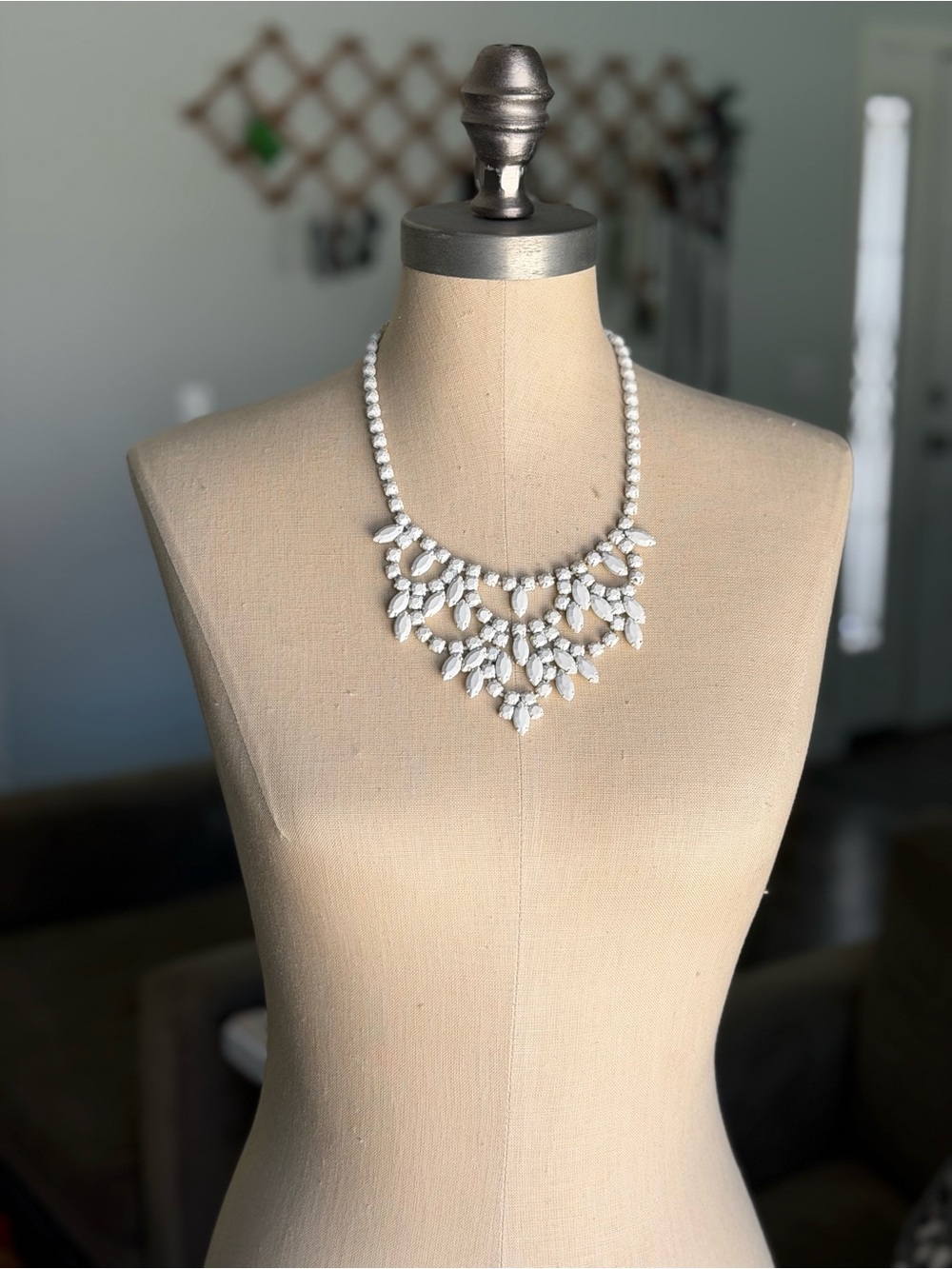 LOFT Matte White Enameled Navette Crystal Statement Bib Necklace Mod Vintage